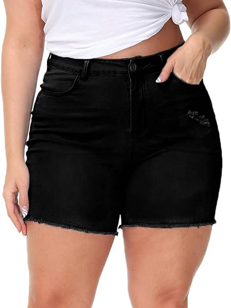 Gboomo Womens Plus Size Denim Shorts High Waisted Stretchy Raw Hem Jean Shorts with Pockets