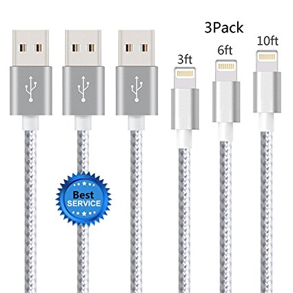 iPhone Cable SGIN 3-PACK 3FT 6FT 10FT Nylon Braided Lightning to USB Charger - Syncing and Charging Cord for Apple iPhone 7, 7 Plus, 6s, 6s , 6, SE, 5s, 5c, 5, iPad Mini, Air, iPod (Silver & Grey)