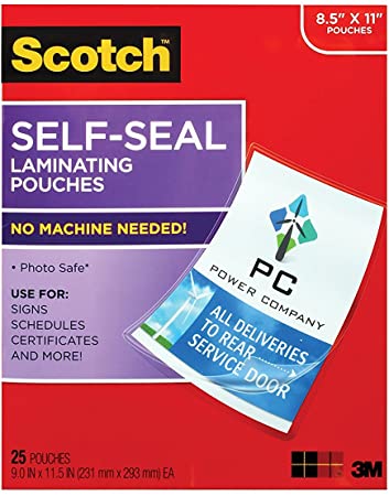 Scotch Self-Sealing Laminating Pouches, 9.0 in x 11.5 in, Gloss Finish Letter Size (LS854-25G-WM) (50 Sheets)