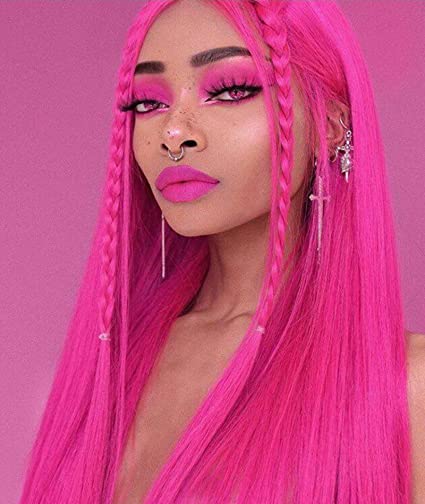 BLUPLE Hot Pink Synthetic None Lace Wigs Long Silk Straight Bright Pink Wig with Middle Part High Temperature Fiber For Women Party Show (22 inches, Pink,No Lace Wig)