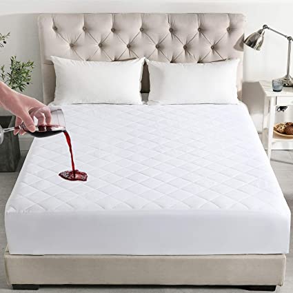 Waterproof Mattress Pad Queen Size -Diamond Quilted Down Alternative Mattress Protector Cover Fitted Up to 16” Deep Pocket