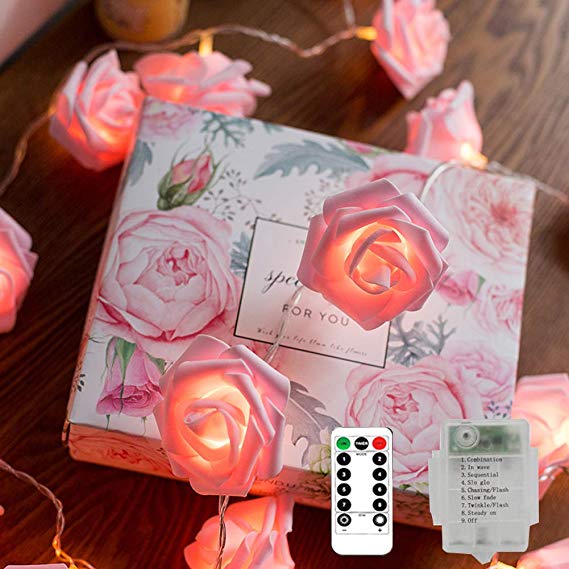 Zhuohao 20LED Pink Rose Flower String Lights, Battery Operated with Remote Control (Timer, dimmer and 8 Flashing Modes) for Wedding, Vanlentine's Day, Gardens, Party, Christmas Decoration