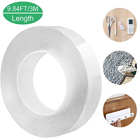 Nano Traceless Tape Removable 1.18"x 9.84', Washable Adhesive Tape Double Sided, Gel Grip Tape Clear Reusable for Photos Wall Decor, Fix Carpet Mats
