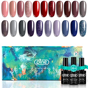 Pine 21 Colors Gel Nail Polish Set with Base No Wipe Glossy Top Matte Top Coat 24 Pcs Soak Off UV LED Gel Nude Red Gray Purple Shimmer Glitter Nail Art Manicure