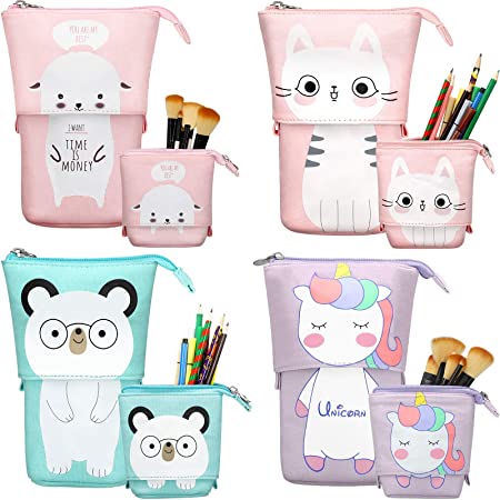 4 Pieces Telescopic Pencil case Transformer Stand Store Pencil Pouch Holder Canvas PU Cartoon Organizer Makeup Bag Cosmetics Stationery Pen Case Box with Zipper (Unicorn, Alpaca, Cat, Bear Print)