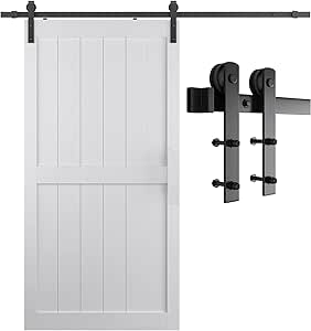 SmartStandard 42 x 84 inch White Barn Door with 7FT Black Sliding Hardware Track Kit, Waterproof PVC Coating, White, H-Frame