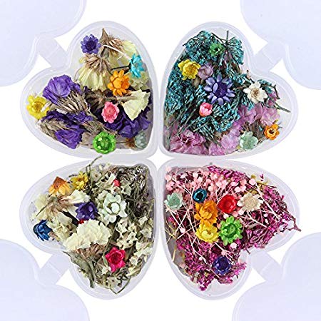 NICOLE DIARY 4 Boxes Dry Flower Nail Art DIY Preserved Flower Decorations With Heart-Shaped Box Nail Art Decoration