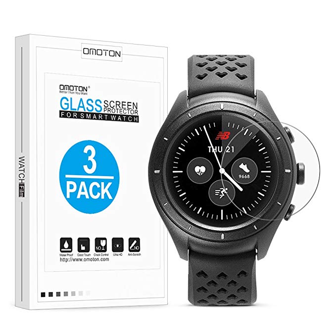 New Balance RunIQ Screen Protector [3 Pack], OMOTON Tempered Glass Screen Protector with [Scratch Resistant][9H Hardness][Crystal Clear][Bubble-Free] for New Balance RunIQ Smartwatch (2017 Released)