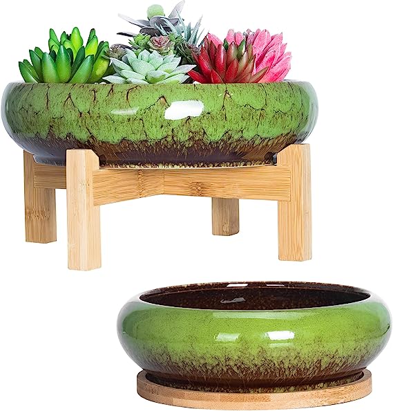 ARTKETTY Succulent Planters, Large Succulent Pots with Drainage Bamboo Trays Colorful Bonsai Pots with Stand Ceramic Flower Pot Set of 2, Round Cactus Pot for Indoor Plants (7.3 and 10'')