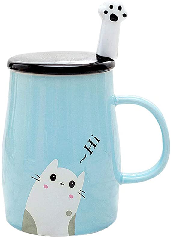 Binoster Cute Cat Mug Ceramic Coffee cup with Kitty Stainless Steel Spoon,Hi~ Novelty Coffee Mug Gift for Cat Lovers Pink (Blue)