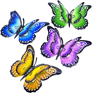 Metal Butterfly Wall Art Decor -6.5 Inches Yellow Purple Blue Green Butterflies Wall Decor for Indoor or Outdoor Garden Patio Fence Yard Decoration (4 Pack)
