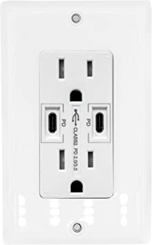 36W Dual USB Type C With Power Delivery Wall Outlet With Dual Tamper-Resistant Plugs
