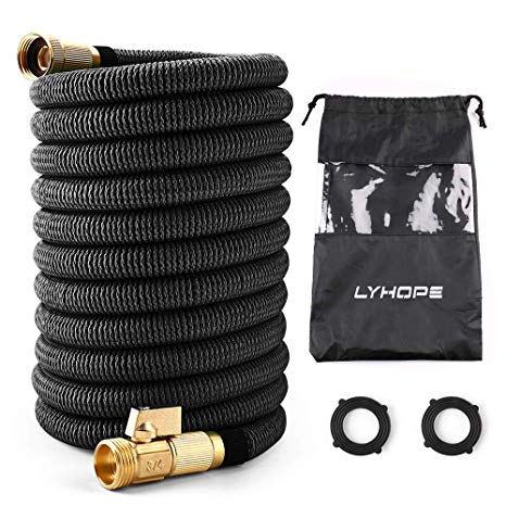 Lyhope Expandable Garden Hose, 50ft Water Hose with Double Latex Core - 3/4 Solid Brass Fittings - Heavy Duty Flexible Hose (Black)