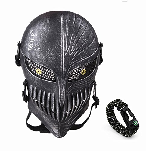 Tech-p Death Skull Face Mask - Protective Mask Gear for Use As Tactical Mask & Airsoft and Outdoor Cs War Game Mask - Scary Ghost Mask for Halloween - Silver and Black Cosplay Mask