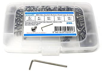 iExcell 250 M3 x 6/8/10/12/16 mm Stainless Steel 304 Hex Socket Button Head Cap Screws Assortment and Hex Key Wrench Kit