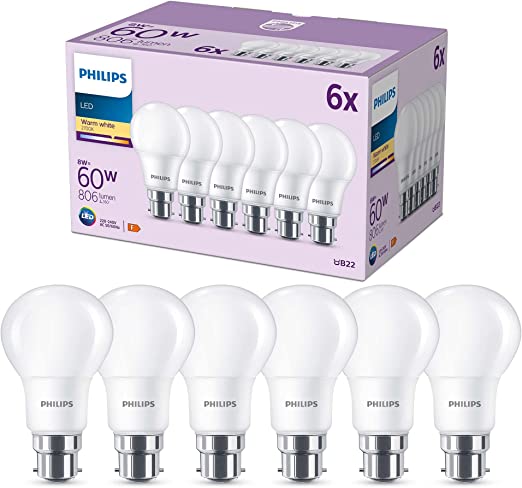 Philips LED Frosted A60 Light Bulb 6 Pack (Warm White 2700K - B22 Bayonet Cap) 60W, Non Dimmable. for Home Lighting, 929002310286, Value Range