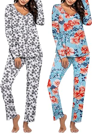 Ekouaer Womens 2 Pack Pajama Set Long Sleeve Pajamas Top and Pants V Neck Pjs Set Soft Sleepwear Loungewear S-XXL