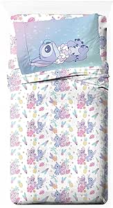 Jay Franco Disney Lilo and Stitch Twin Size Sheet Set - Super Soft Kids 3 Piece Floral Bedding Set Features Angel - Microfiber Sheets includes Reversible Pillow Cover