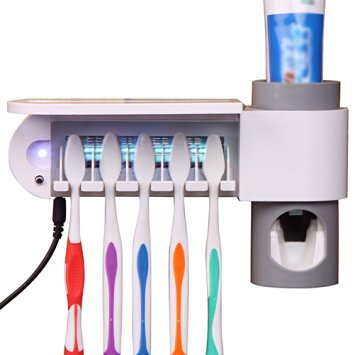Home-organizer Hands Free Bathroom Storage Toothbrush Automatic Toothpaste Squeezer and Dispenser Wall Mounted Tooth Brush Holder Organize Family Toothbrush Uv Toothbrush Disinfection,5 Brush Holder
