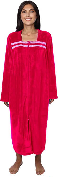 Women's Zip Up Robe Plush Soft Warm Fleece Long Bathrobe Housecoat Duster