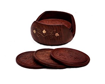 Drink Coasters - SouvNear Rosewood Retro Wood Coaster Set with 6 Round Handmade Table Coasters & Decorative Wooden Holder for Tea Cups Coffee Mugs Beer Cans Bar Tumblers Water Glass