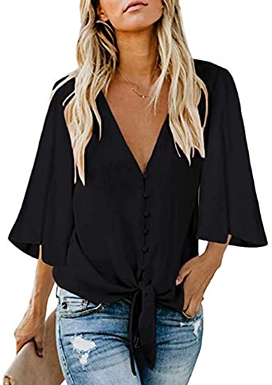 MEROKEETY Women's V Neck Button Down 3/4 Bell Sleeve Chiffon Shirt Tie Knot Casual Blouse Tops