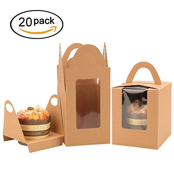 BM Kraft Brown Window Cupcake Boxes with Inserts and Handle Bakery Boxes Party Favor for Wedding Birthday Baby Shower Party (Brown, 20)