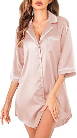 Ekouaer Women's Nightgown Satin Sleep Shirt Button Down Nightshirt 3/4 Sleeve Pajama Dress Notch Neck Boyfriend Sleepwear