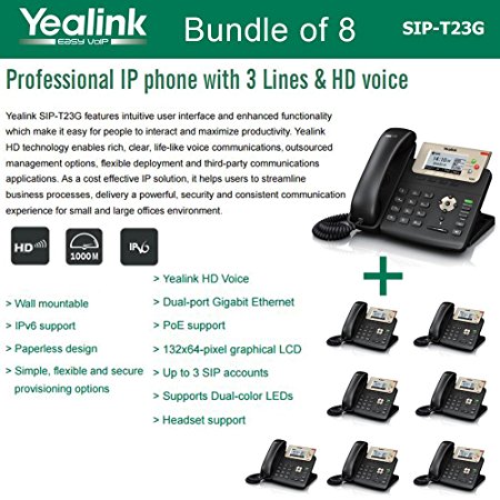 Yealink SIP-T23G, 3 Lines HD Professional VoIP Phone, 3SIP Accts, 3way conf., dual port Gigabit, PoE, BUNDLE of 8
