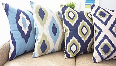 Howarmer Cotton Linen Blue Decorative Throw Pillow Cover 4 Pack Blue Ikat Accent 18x18-inched