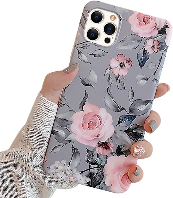 Ownest Compatible with iPhone 12/iPhone 12 Pro (6.1Inch) Case, with Purple Floral and Gray Leaves for Girls Woman Leaves with Flowers Pattern Soft TPU for iPhone 12/12 Pro-Pink Flowers