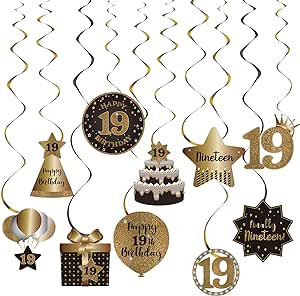 Happy 19th Birthday Party Hanging Swirls Streams Ceiling Decorations, Celebration 19 Foil Hanging Swirls with Cutouts for 19 Years Old Black and Gold Birthday Party Decorations Supplies