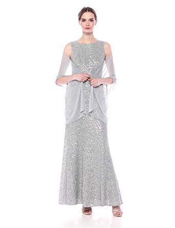 Alex Evenings Women's Long Sleeveless Dress with Beaded Detail Faux Belt and Shawl