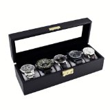 Caddy Bay Collection Classic Black Watch Case Storage Display Box with Glass Top Holds 5 Watches