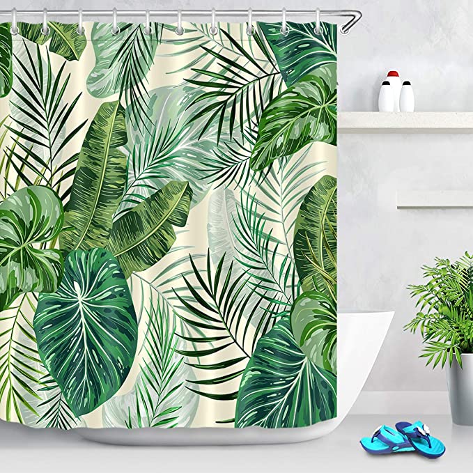 LB Green Tropical Plant Palm Leaf Shower Curtain Coconut Banana Leaves Print Floral Decorative Botanical Shower Curtains for Bathroom 60x72 Inch Polyester Fabric with 10 Hooks
