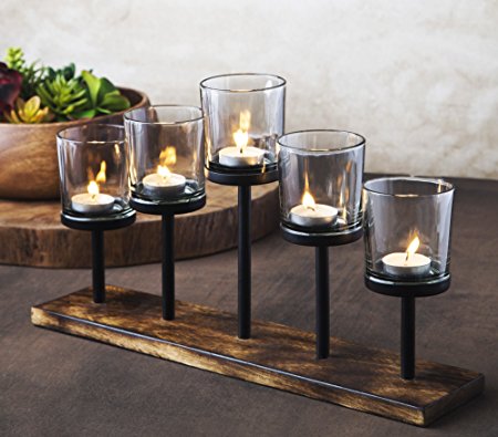 Elegant, Decorative Votive Candle holder Centerpiece, 5 Glass Votive cups On Wood Base/ Tray For Wedding Decoration Dining Table