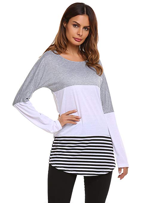 Beyove Women's Stripe Color Block T-Shirt Long Sleeve Tunic Tees Blouses Tops