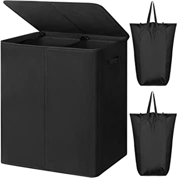 WOWLIVE 154L Double Laundry Hamper with Lid and Removable Laundry Bags, Large Dirty Clothes Hamper 2 section Collapsible Laundry Basket Dorm Room Storage for Bedroom, Bathroom, College, Black