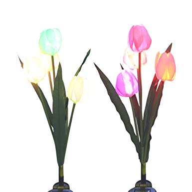Outdoor Solar Garden Stake Lights, SOUBUN 2 Pack Waterproof Multi-color Changing LED Solar Powered Decorative Lights with 8 Tulip Flower for Garden, Patio, Backyard (Pink and White)