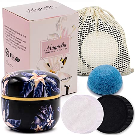 Magnolia Reusable Bamboo Cotton Makeup Pads | 12 Pack Makeup Remover Pads | Washable, Eco Friendly, Soft Rounds Set for Eyes, Face Foundation | Laundry Bag, Metal Box, Konjac Sponge (Black)