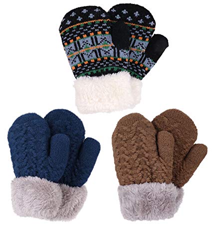 Arctic Paw 3 Pairs Kids' Sherpa Lined Knit Mittens Boys Girls Winter Gloves