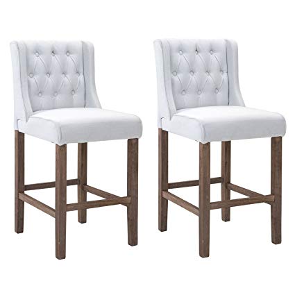 HOMCOM Bar Height Wingback Dining Chairs with Buttons - Cream White - Set of 2