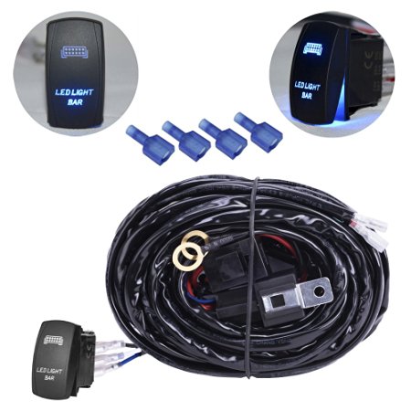 mictuning HD 300w LED Light Bar Wiring Harness 40 Amp Relay ON-OFF Laser Rocker Switch Blue(1Lead 12ft 14AWG)