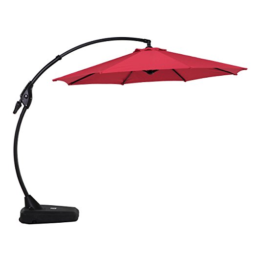 Grand Patio Deluxe 10 FT Curvy Aluminum Offset Umbrella with Handle and Crank, Banana Style Cantilever Umbrella, 8 Ribs Large Patio Umbrella with Base, Red