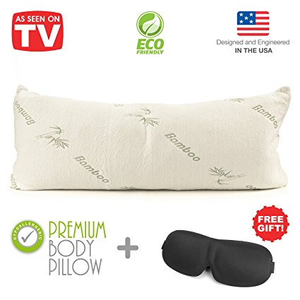 Premium Bamboo Body Pillow Shredded Memory Foam - Pregnancy / Maternity Pillow 40"x15" - Removable Zipper Cover Hypoallergenic Pillow with Carrying Bag Included 3D Sleep Mask