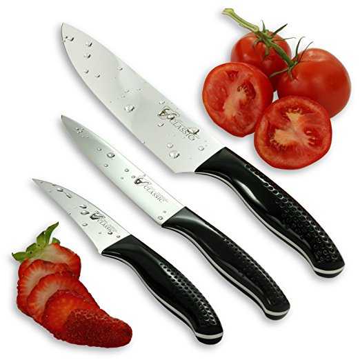 Knife Set Kitchen - (Full Tang, 3 pcs) - Chef Knife, Birds Beak Paring Knife & Utility Knife - High Carbon German Steel X50CRMOV15 - Non Slip Handle (High Impact ABS) - Gift Box Case