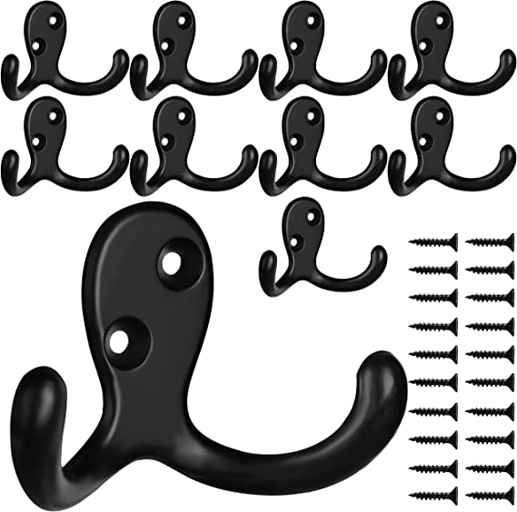 10 Pack Heavy Duty Double Prong Coat Hooks Wall Mounted with 20 Screws Retro Double Robe Hooks Utility Hooks for Coat, Scarf, Bag, Towel, Key, Cap, Cup, Hat (Black)