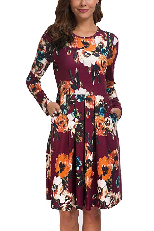 Kranda Women Long/Short Sleeves Round Neck Pleated Loose Swing Floral Midi Dress with Pockets