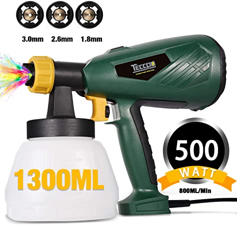 Paint Sprayer, TECCPO 500W 1300ml DIY Electric Spray Gun, with 3 Copper Spray Nozzles, Max Flow 800ml/min, Detachable Container and Adjustable Valve Knob, 100 DIN-s, for Painting Projects - TAPS02P