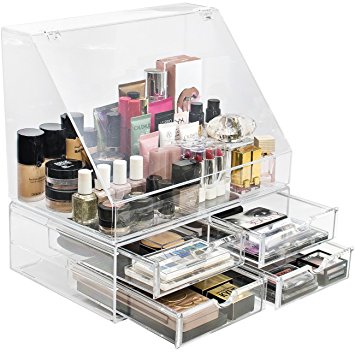 Sorbus Acrylic Cosmetics Makeup Organizer Storage Case Holder Display with Slanted Front Open Lid-Cosmetic Storage for Makeup, Brushes, Perfumes, Skincare (Style 2 - Slanted Lid with 4 Drawers)